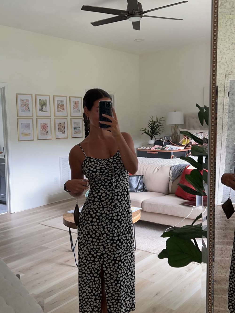 Black Floral Spaghetti-Strap Midi Dress
